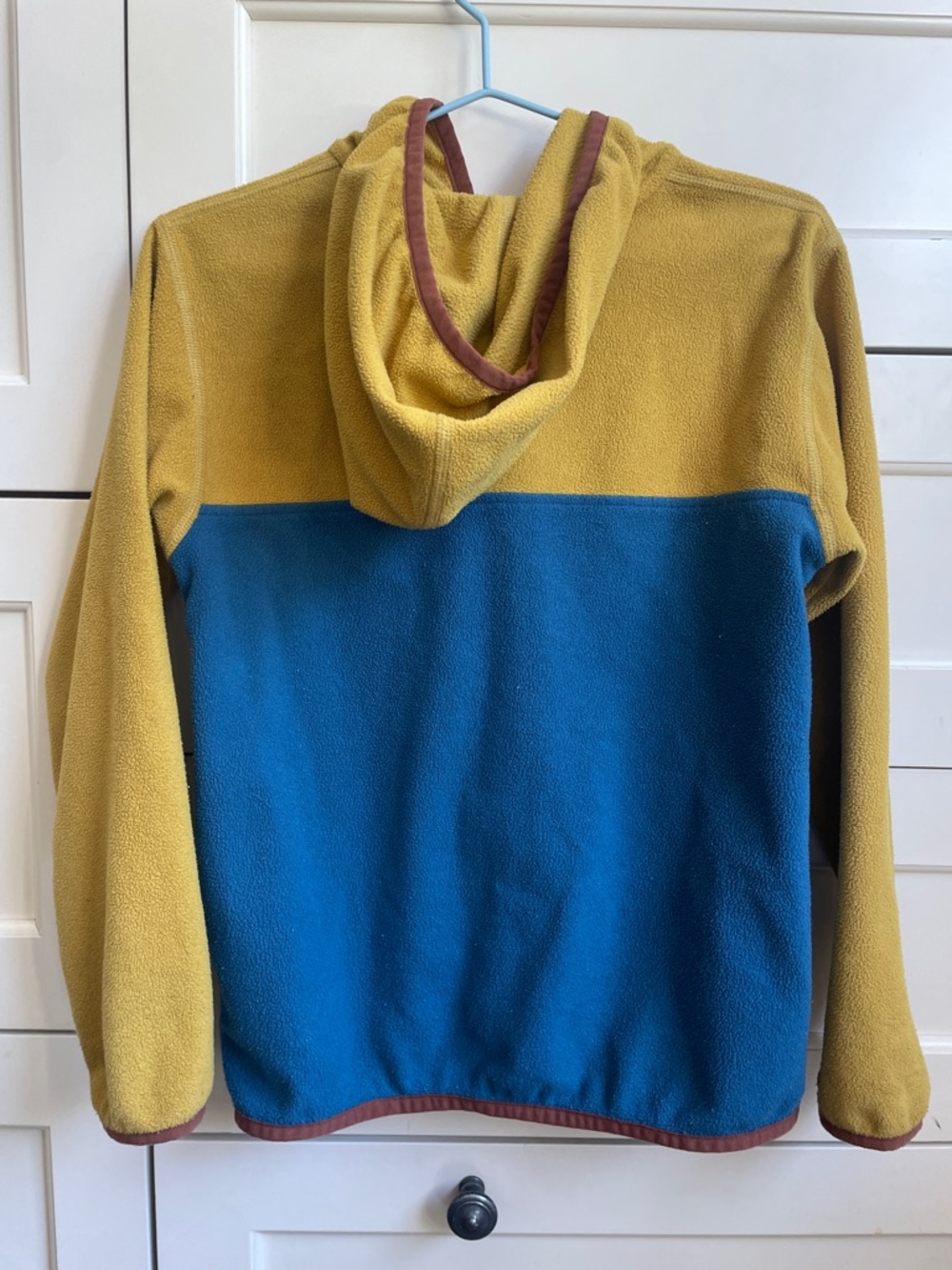 Patagonia Colorblock Fleece Hoodie in Mustard, Blue & Pink Accent - Picture 3 of 6
